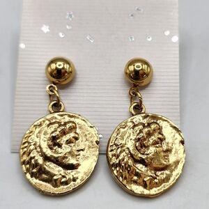 Rome Apollo Greek Coin Gold Tone Vintage Dangle Earrings Pierced Post 1.5"